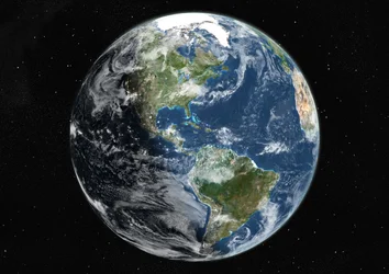 Globe centré sur les Amériques, image satellite en vraies couleurs